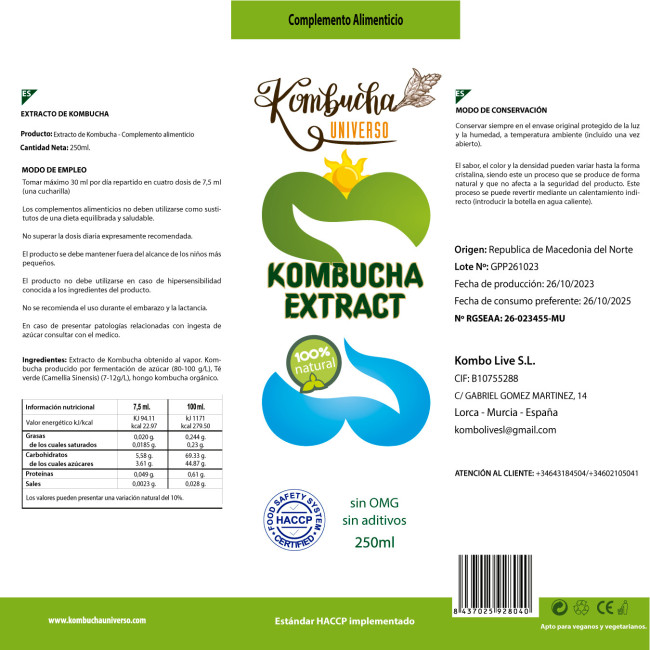 Pack 2+1 Extracto de Kombucha 250 ml 100% Natural Desintoxicar Cuerpo Sin Aditivos, etiqueta