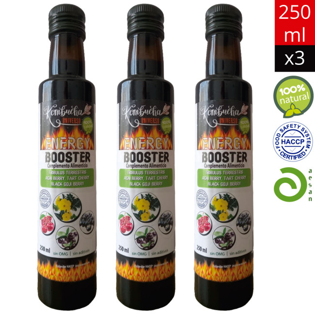 Pack 2+1 Booster Energy 250 ml 100% Natural Aumenta Energía del Cuerpo con Kombucha, botellas