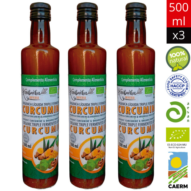 Pack 2+1 Curcumina con Fruta de Monje sin azucar 500 ml Orgánico Triple Fermentado con Kombucha, botellas